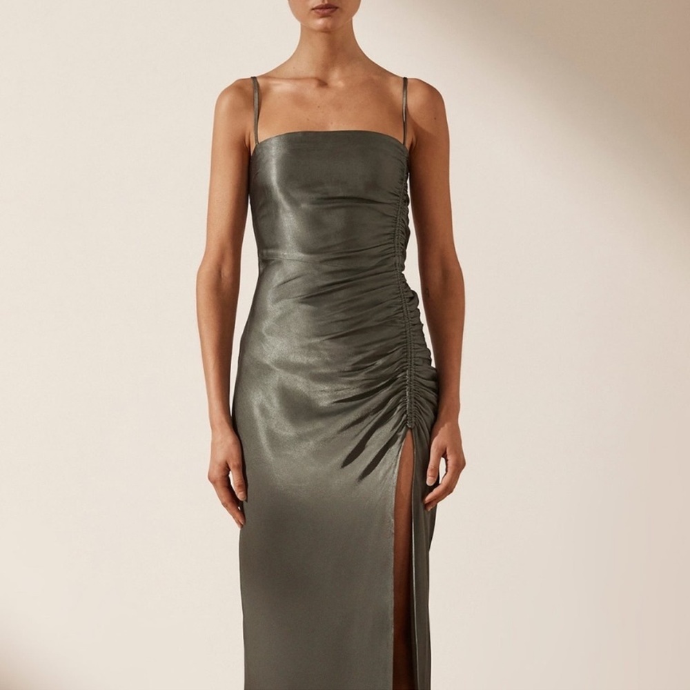 SHONA JOY LA LUNE RUCHED MAXI DRESS IN OLIVE SIZE 8 LIKE NEW